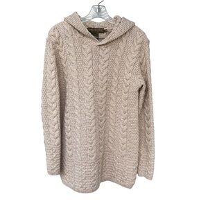Inis Crafts 100% Merino Wool Irish Cable Knit Hooded Sweater - Beige - Size M